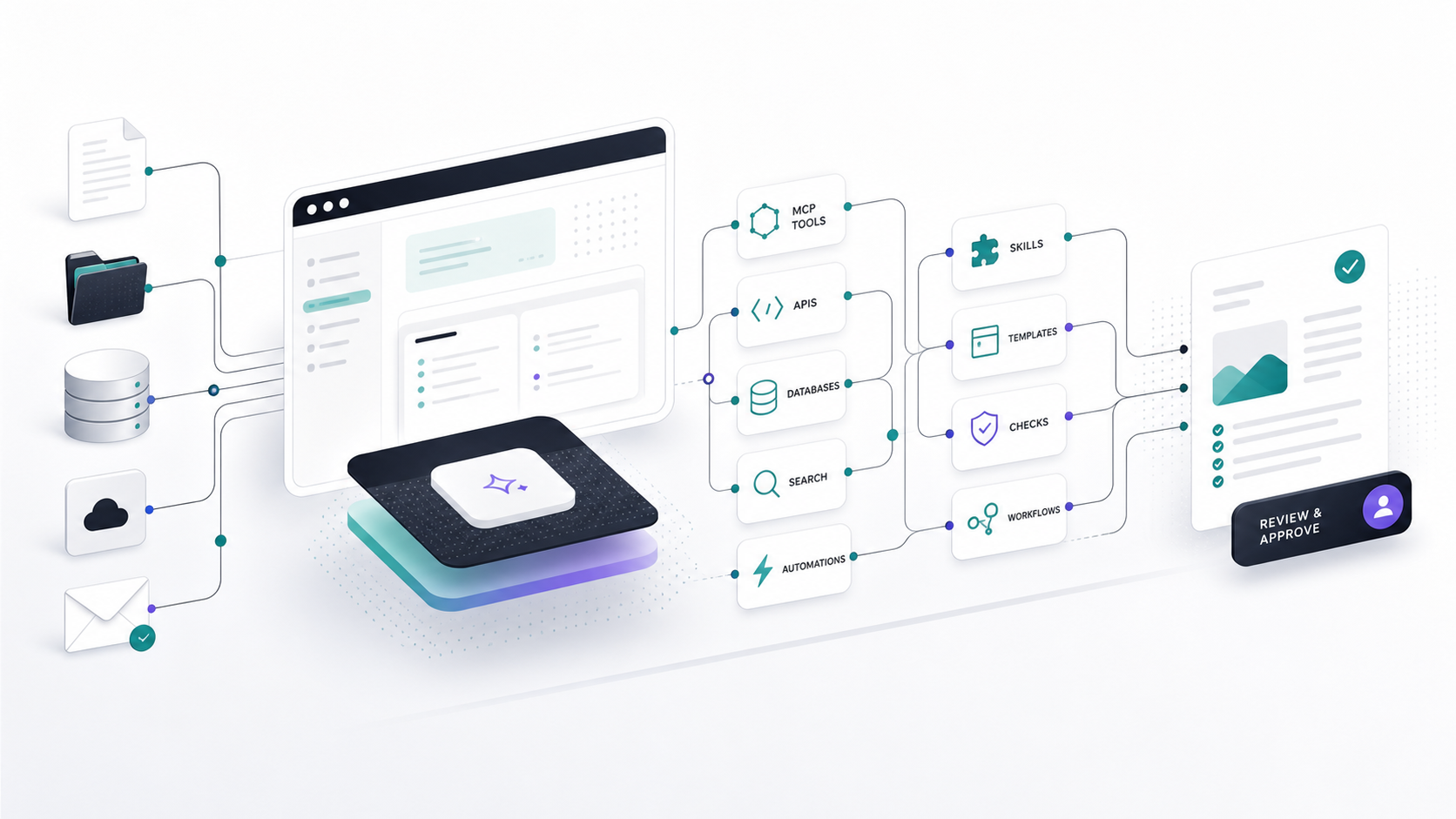 Illustration of an AI workbench harness connecting files, APIs, databases, MCP tools, skills, checks, and review.