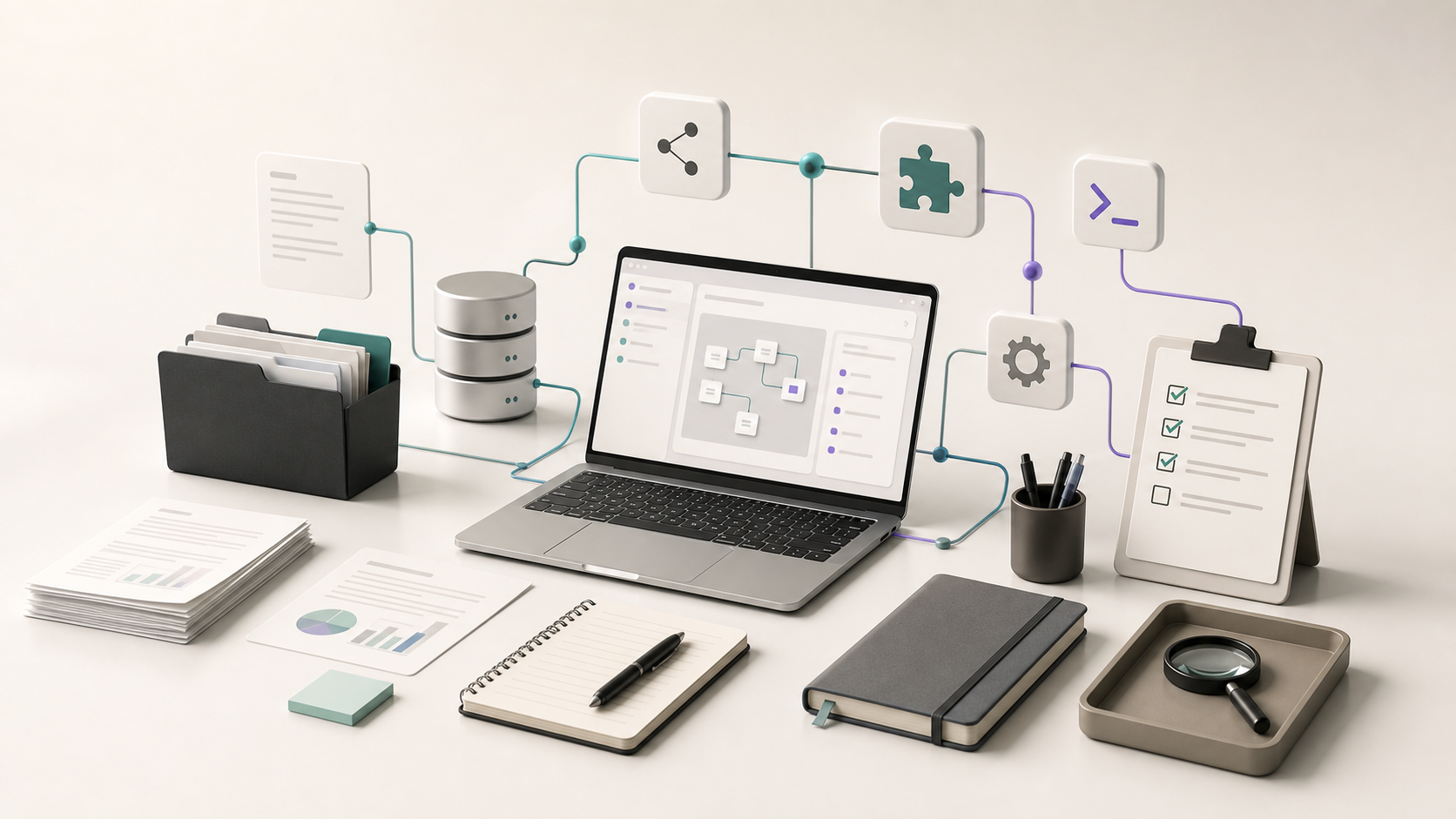 Homepage illustration of a practical AI workbench connecting files, data, tools, and review.